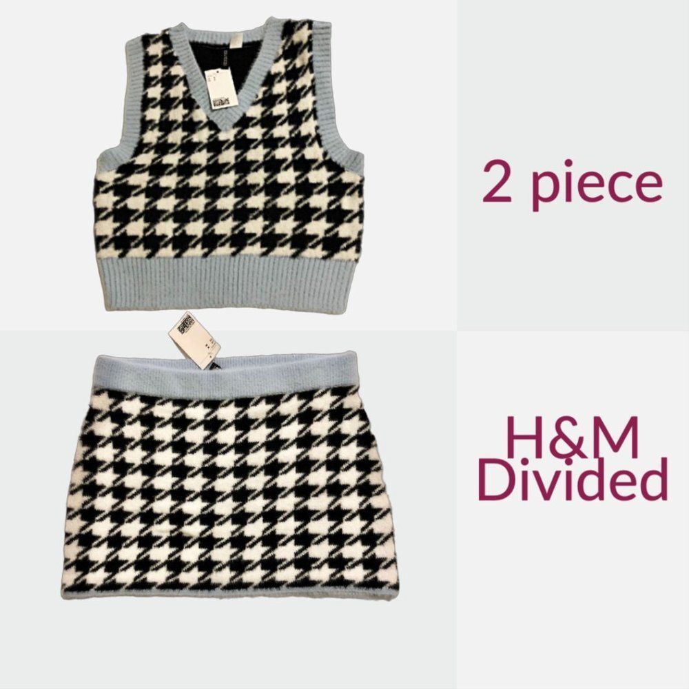 NWT 2pc - H&M DIVIDED CROPPED SWEATER set | Houndstooth Sweater Vest & Skirt - Picture 3 of 10